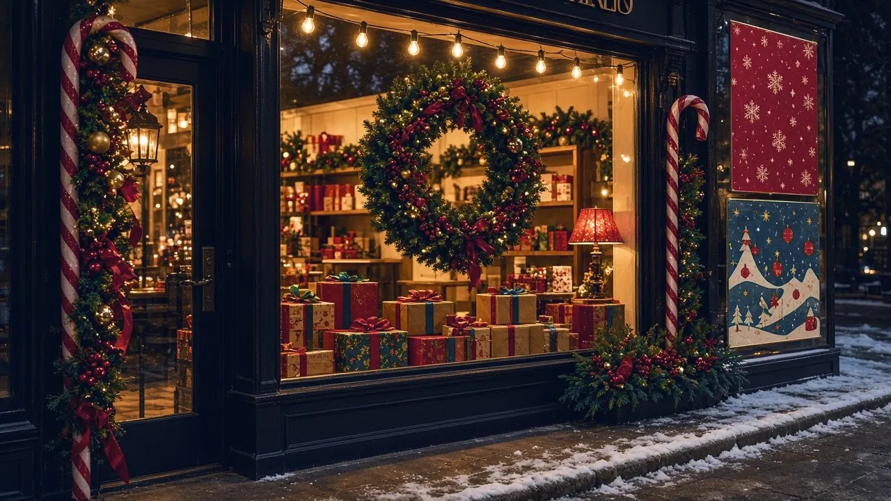 Festlich beleuchtetes Schaufenster mit Kranz, Lichterkette und Geschenken im Schnee