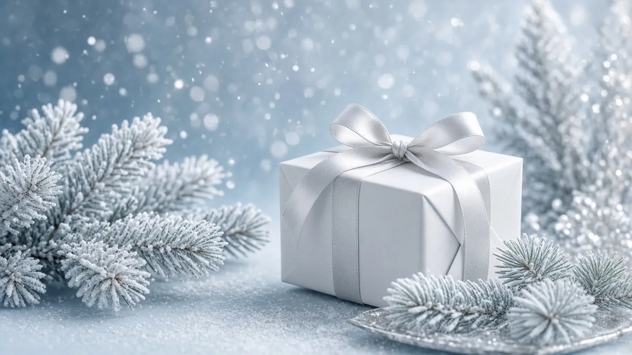 Silberweißes Geschenk mit verschneiten Zweigen